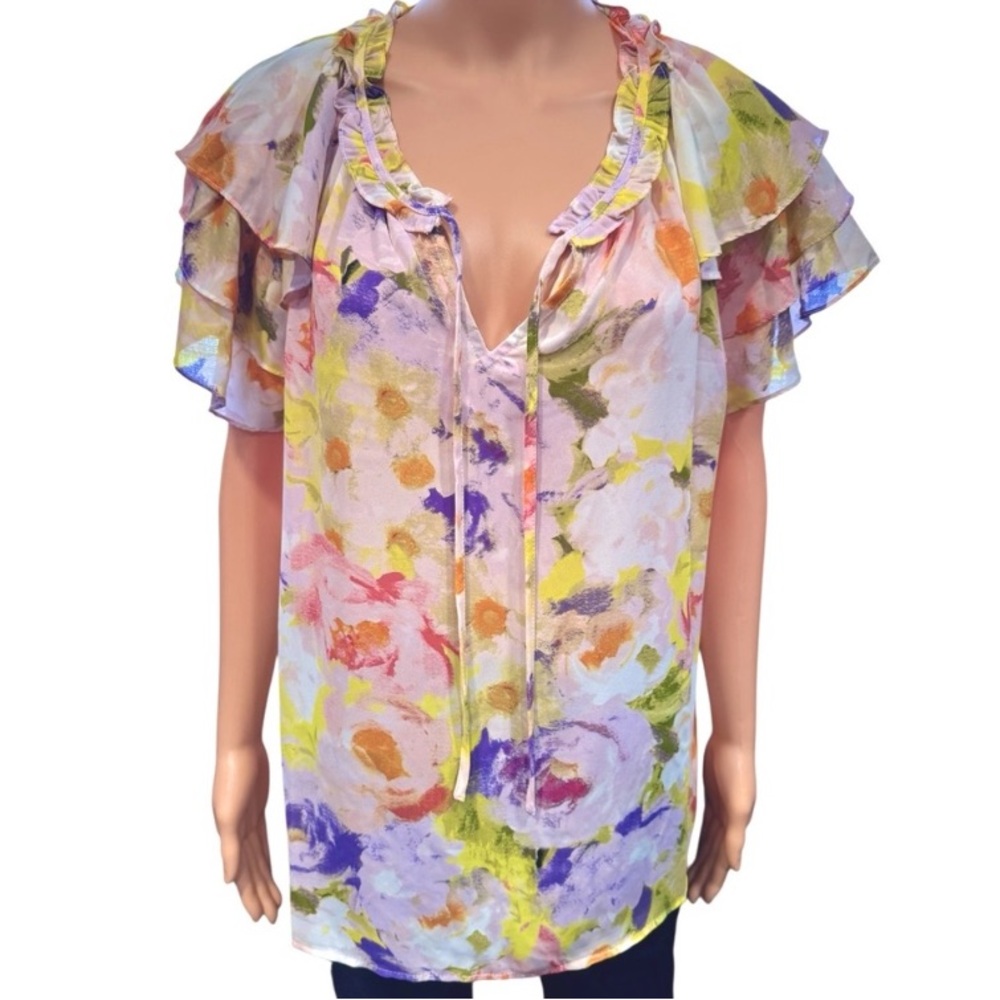 CYNTHIA ROWLEY Colorful Floral Triple Ruffle Short Sleeve Front Tie NWT 1X